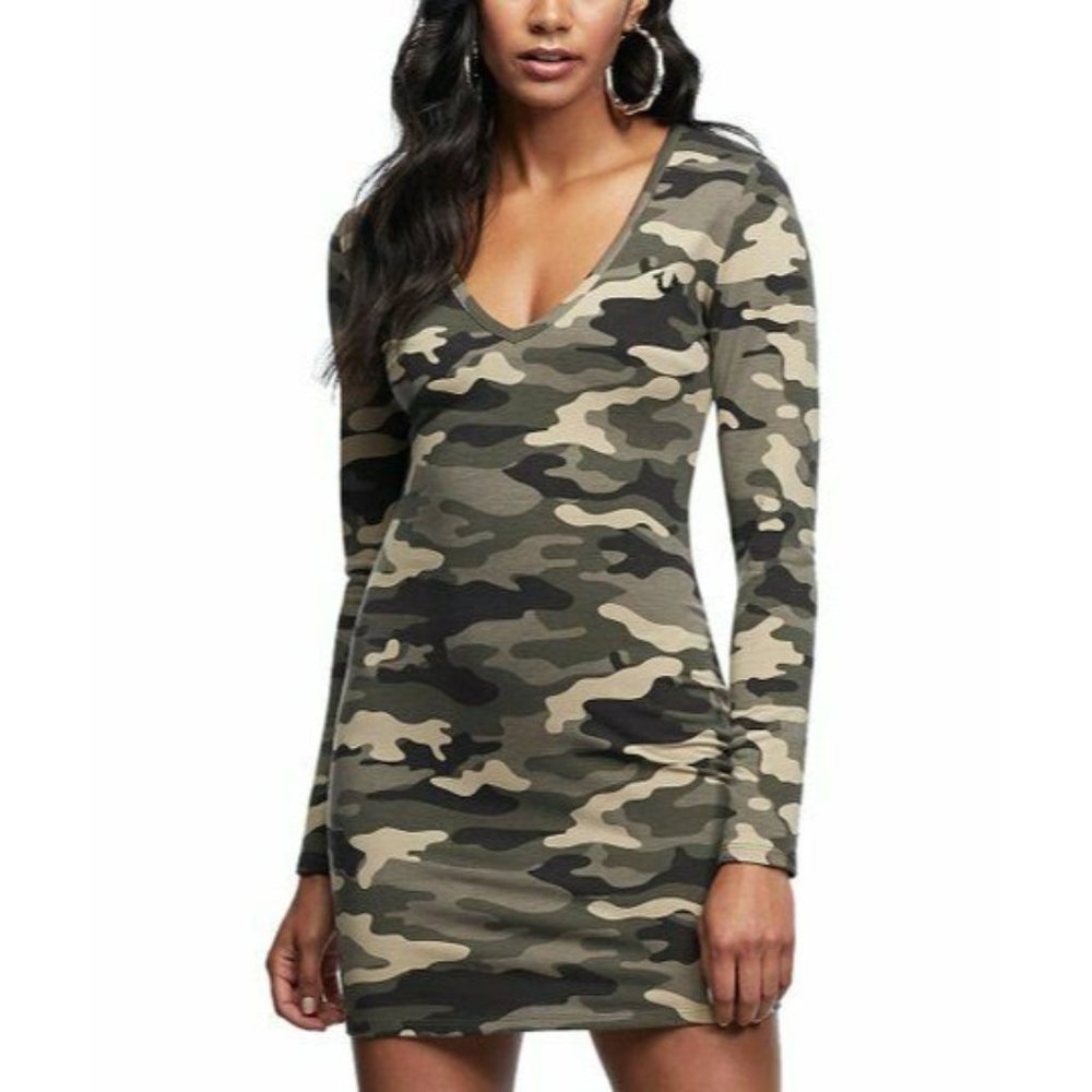 True Religion Khaki Green Camo Military Print Long Sleeve Bodycon Dress Size XL